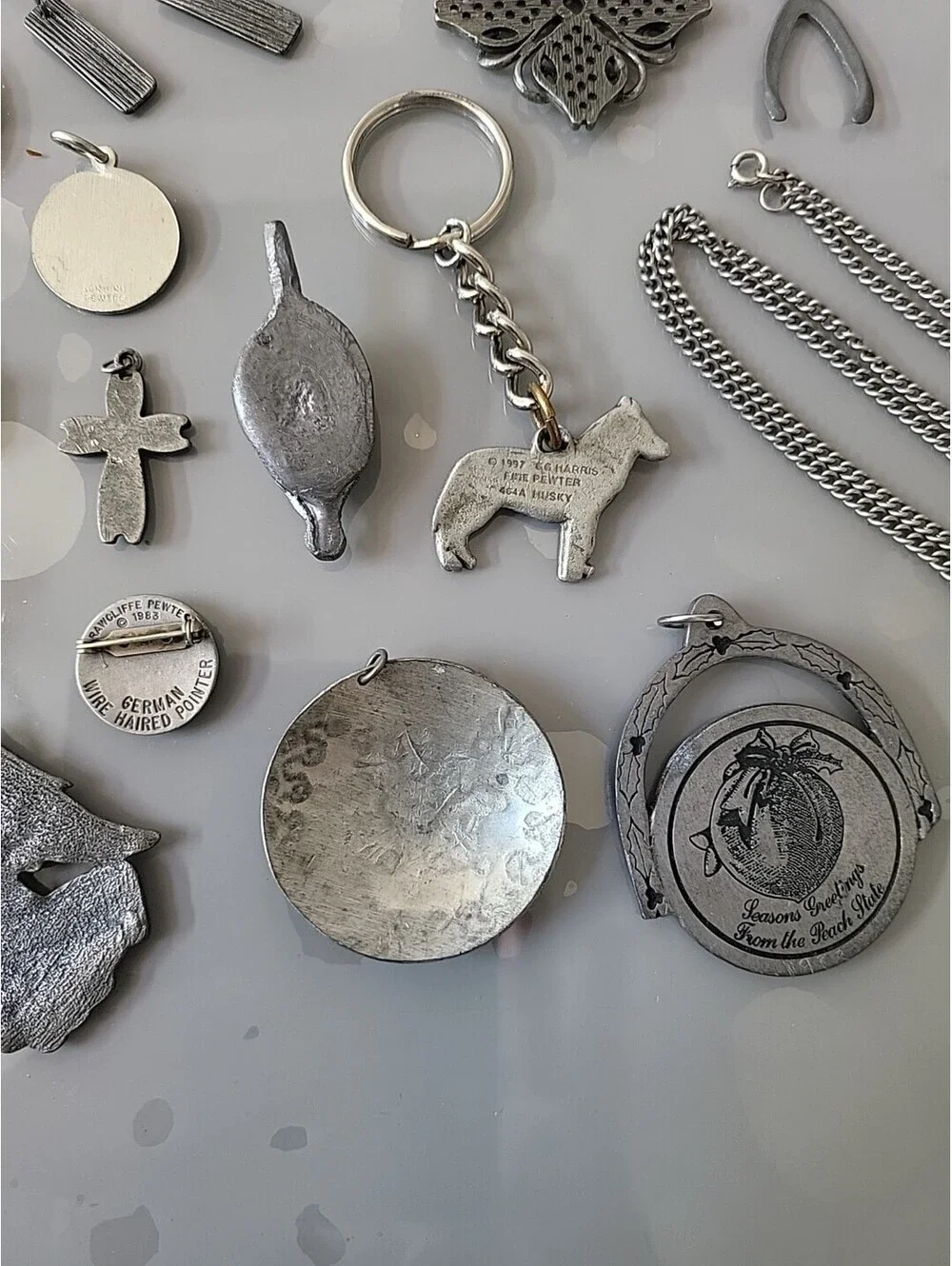 Vintage Signed Pewter Pcs Lot Of Charms Keychain Pin Chain See Up Close Pics